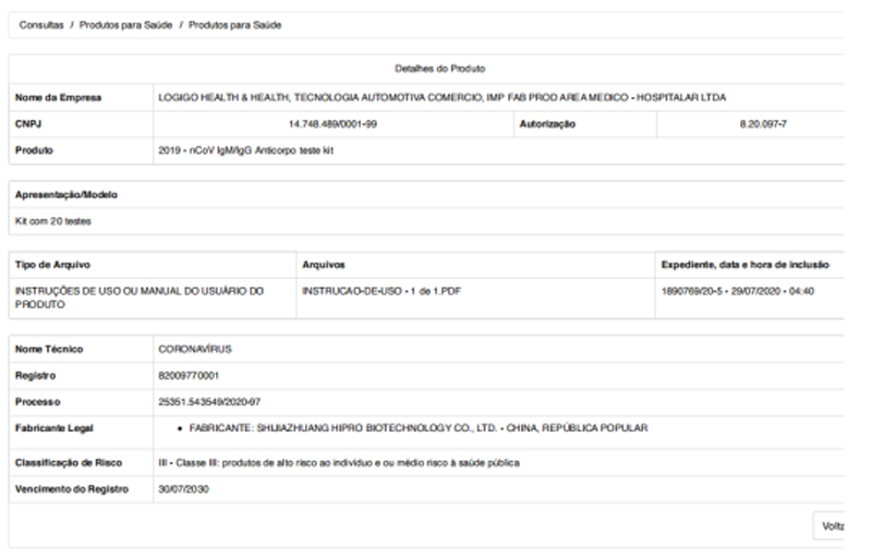 Good News/ The 2019-nCoV IgM/ IgG Antibody Test Kit from Hipro was certified by Brazil ANVISA